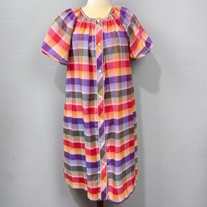 Vintage Tommies Housecoat Dress Sz‎ L Plaid Pockets Retro Mumu Snap Maximalist